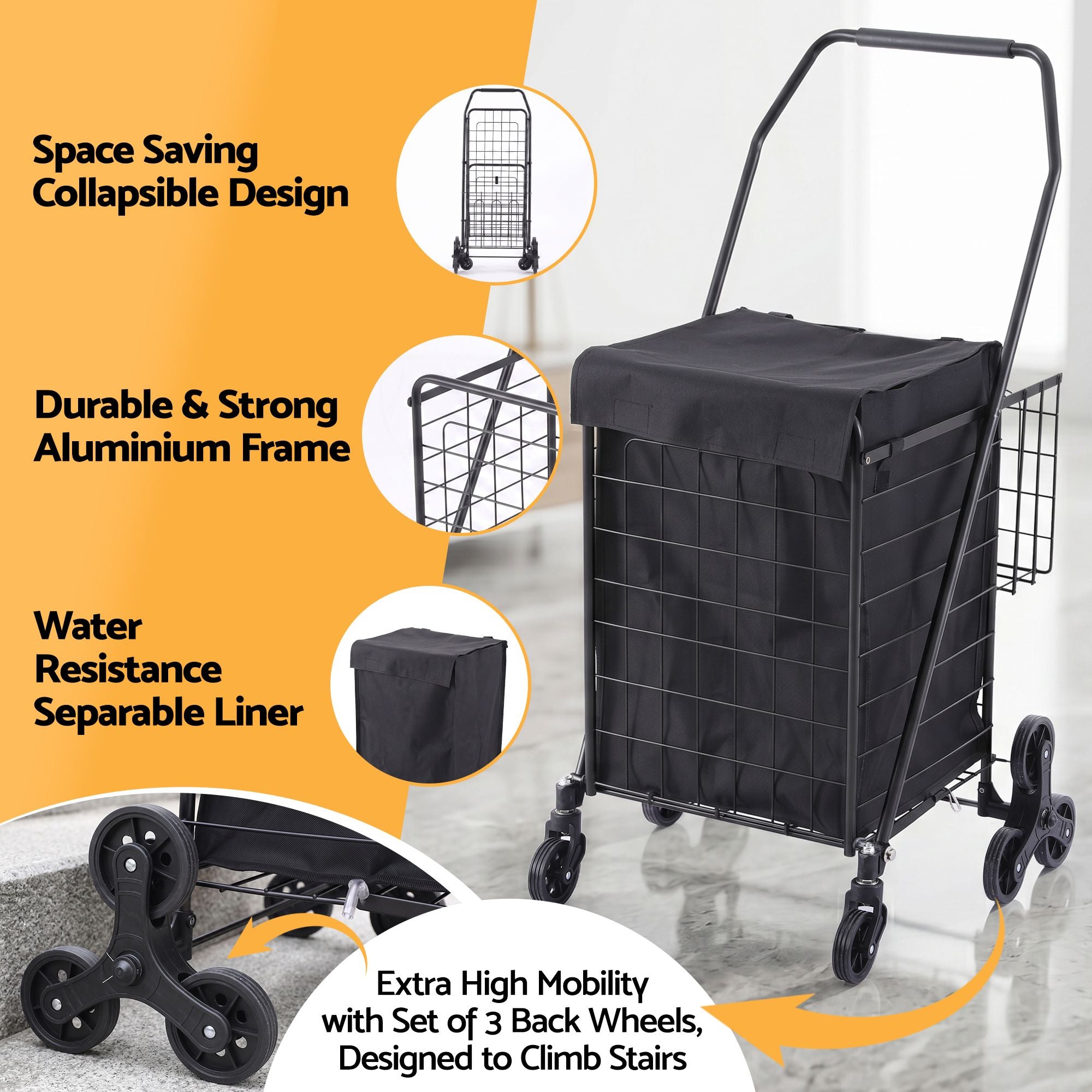 Folding Shopping Trolley – Aluminium Stair‑Climbing Cart, 50kg, Black