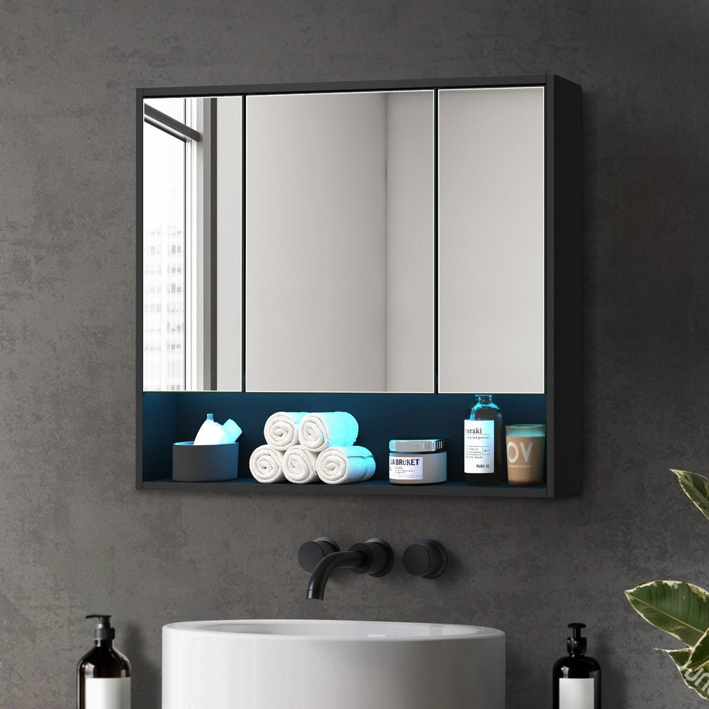 Bathroom Mirror Cabinet LED Wall Storage 900x750mm Black