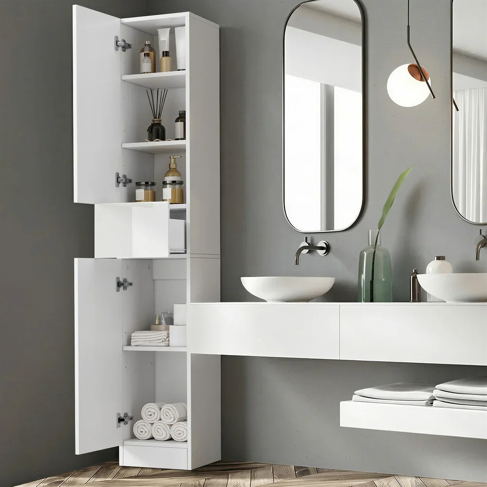 Tall Bathroom Cabinet Storage Slim Toilet Cupboard White