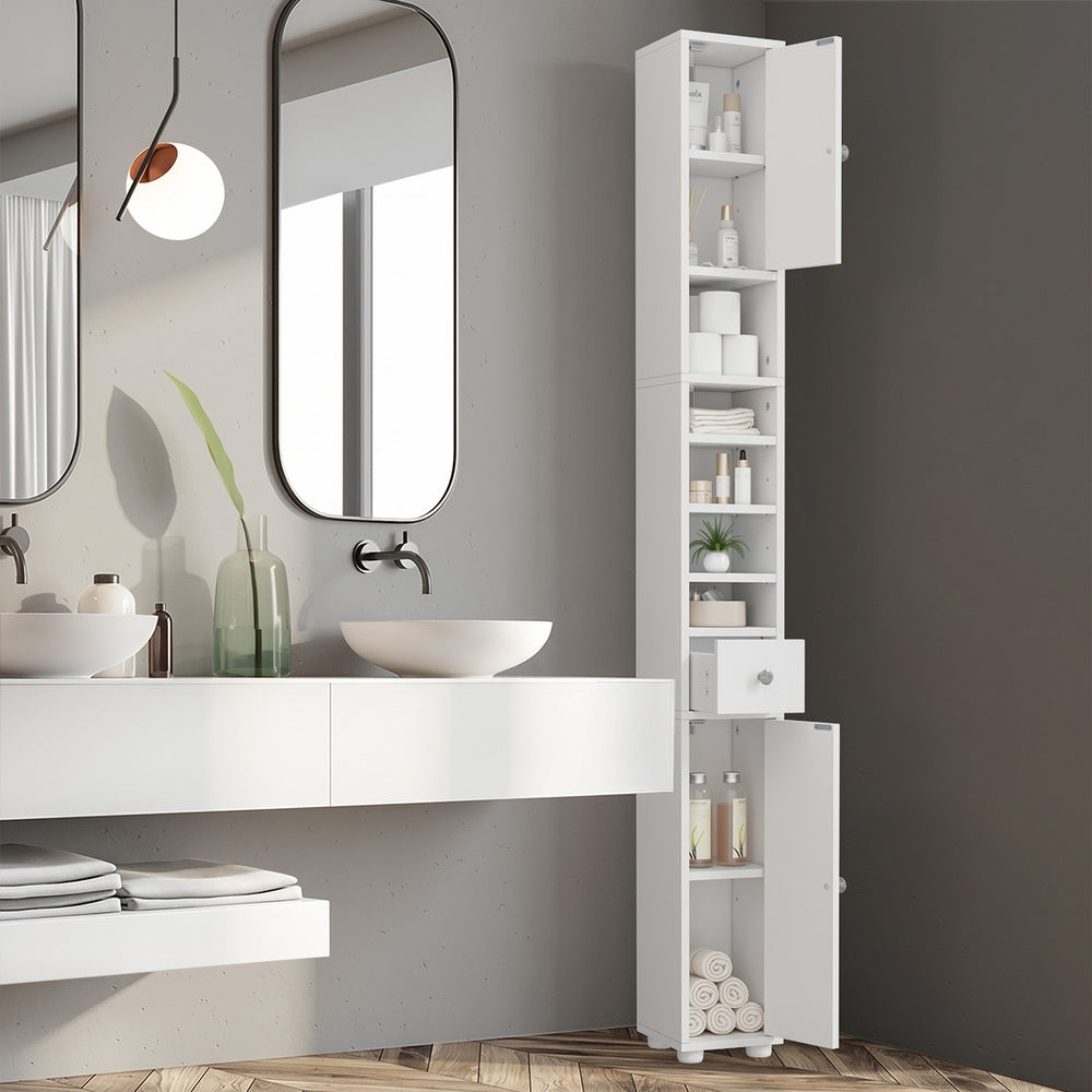 Tall Bathroom Storage Cabinet Shelf Drawer Cupboard White