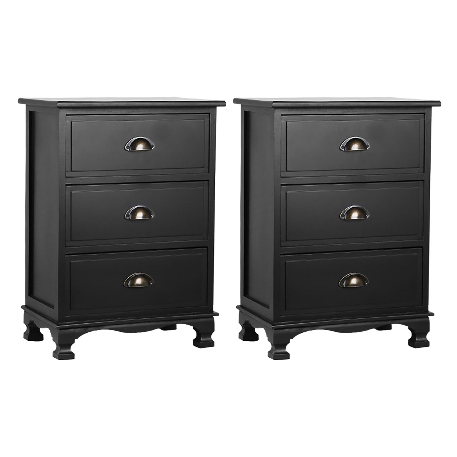 2x Bedside Table 3 Drawers Vintage - THYME Black