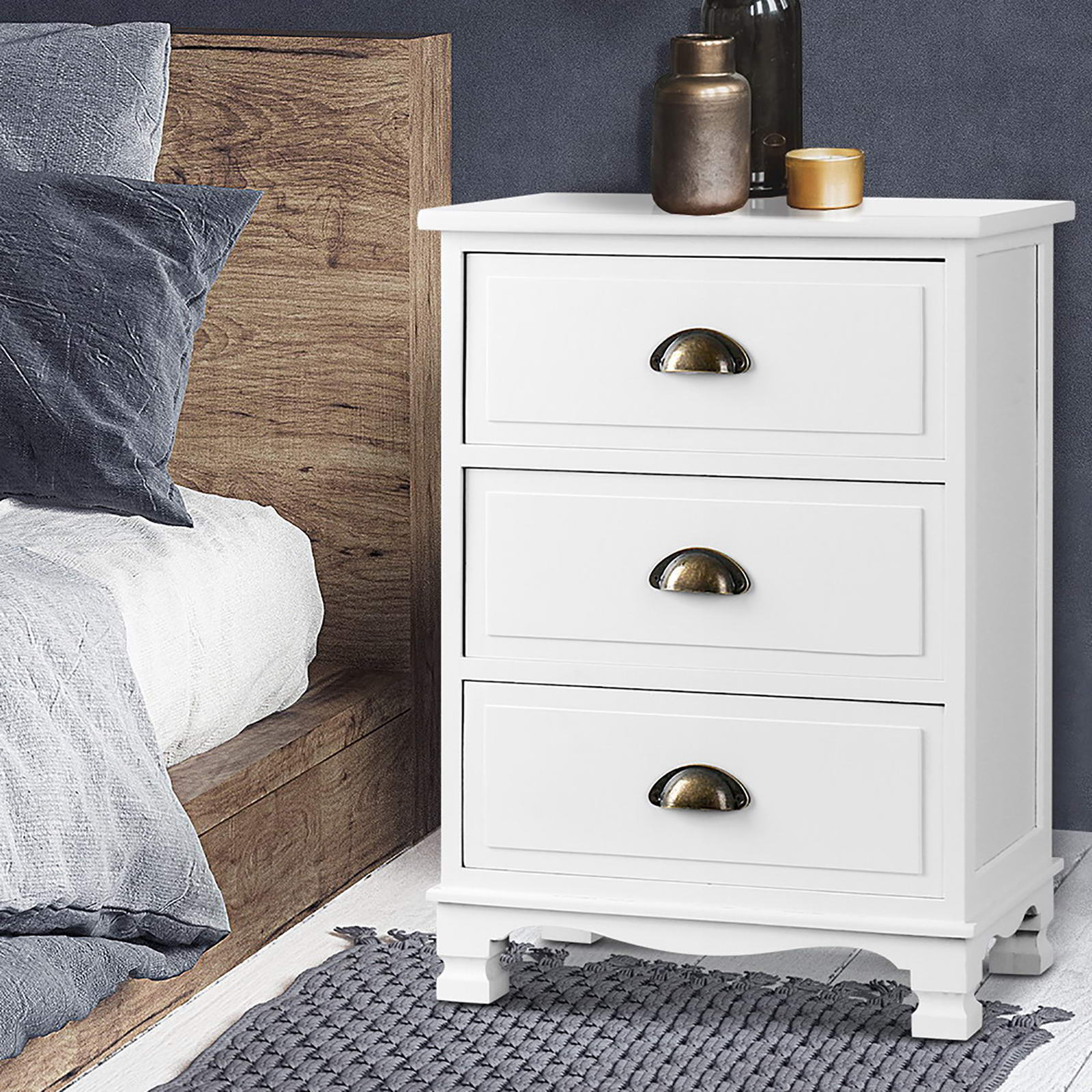 2x Bedside Table 3 Drawers Vintage - THYME White