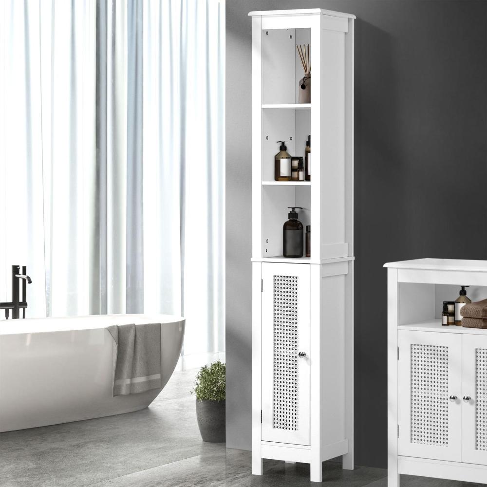 Rattan Bathroom Cabinet Tall Slim White