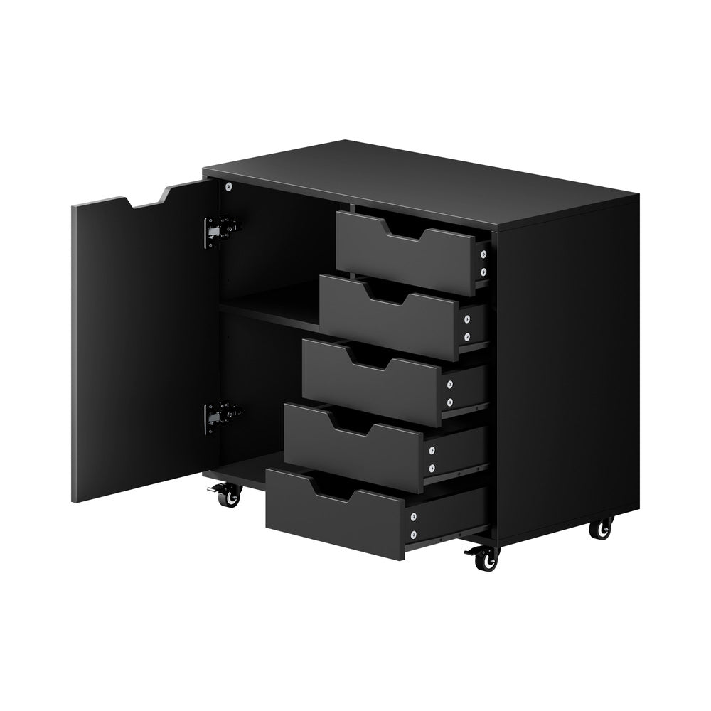 Filing Cabinet 1 Door 5 Drawer Mobile Office Storage Black