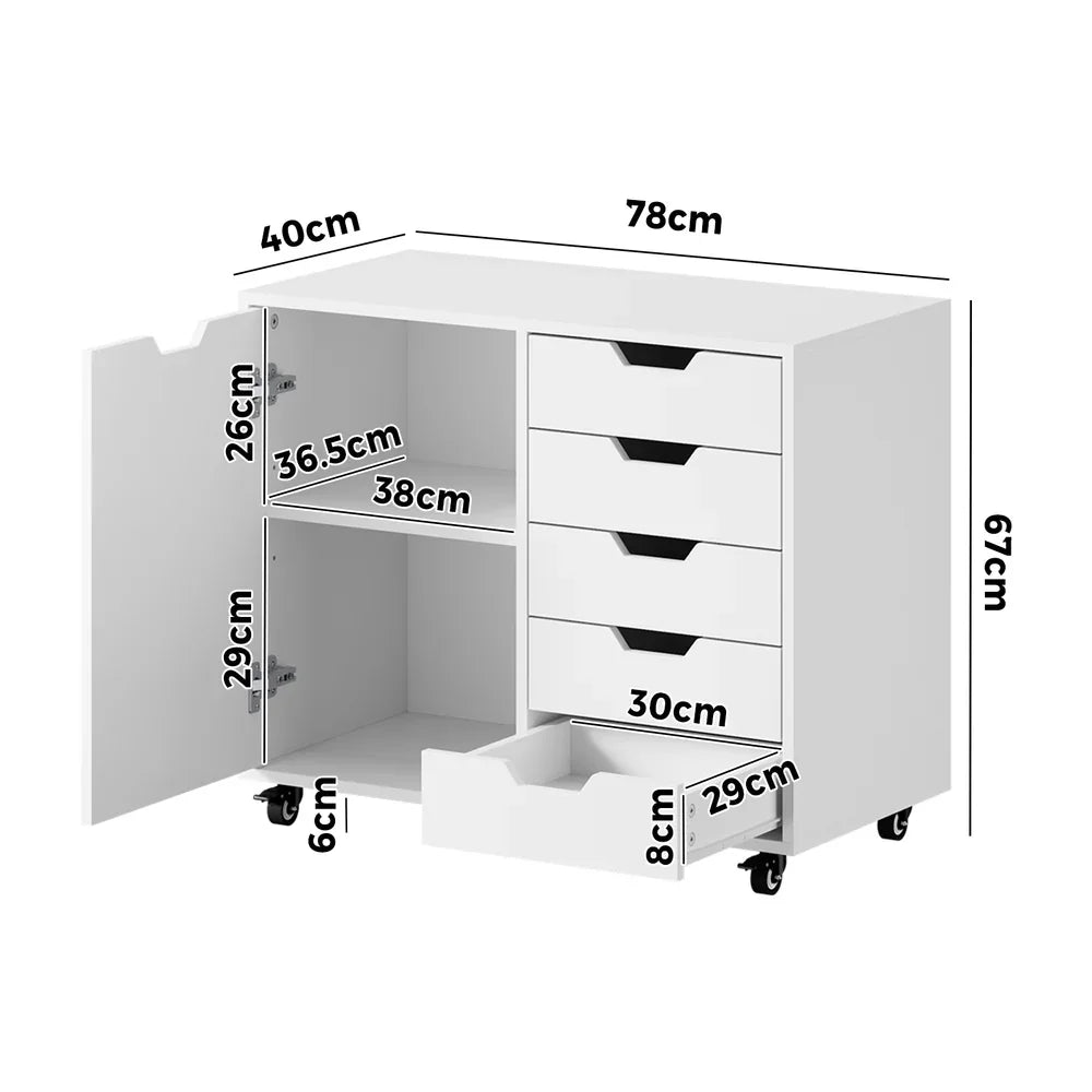 Filing Cabinet 1 Door 5 Drawer Mobile Office Storage White