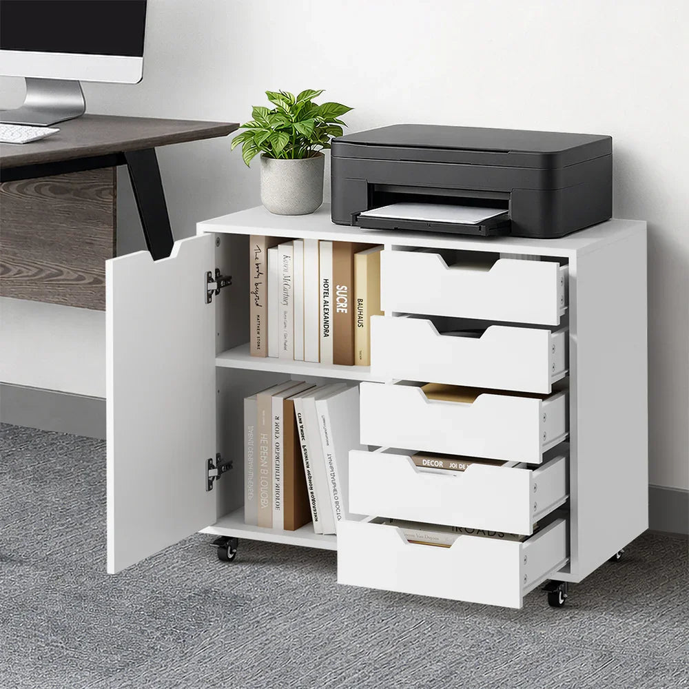 Filing Cabinet 1 Door 5 Drawer Mobile Office Storage White