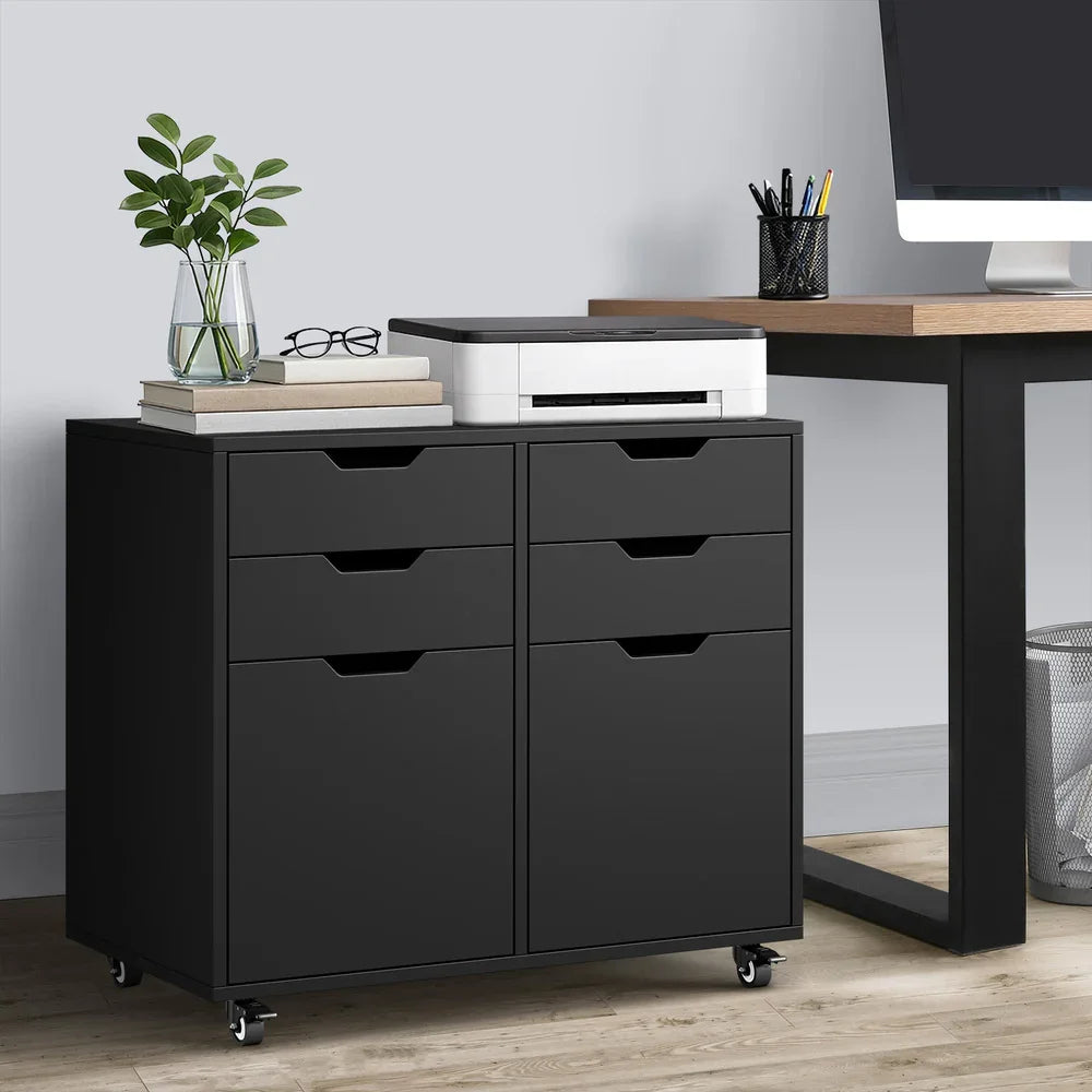 Filing Cabinet 2 Door 4 Drawer Mobile Office Storage Black