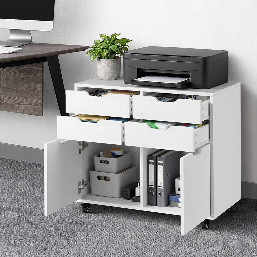 Filing Cabinet 2 Door 4 Drawer Mobile Office Storage White
