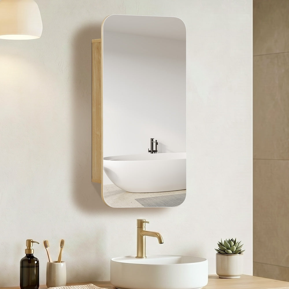 Bathroom Mirror Cabinet 3-Tier Adjustable Shelves Natural