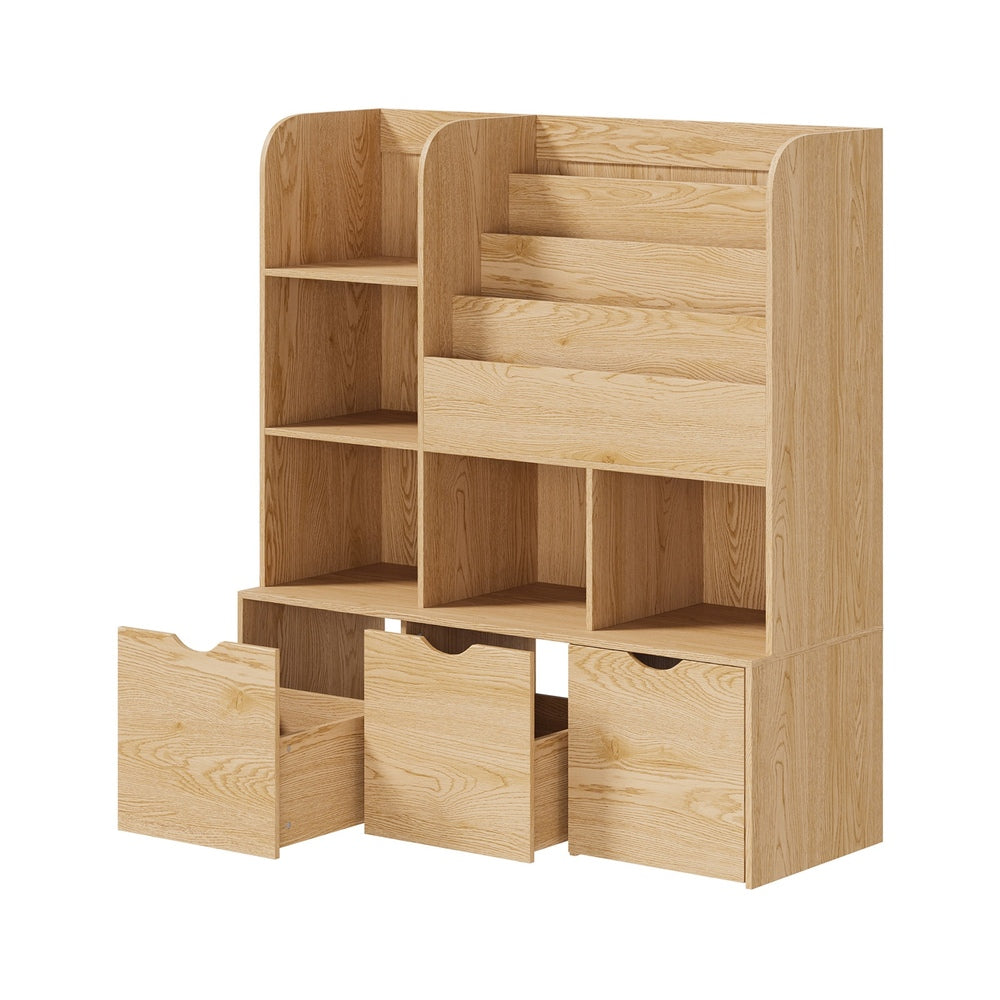 Oikiture Kids Bookcase & Toy Organiser – Natural, 4‑Tier, Bins, 120cm