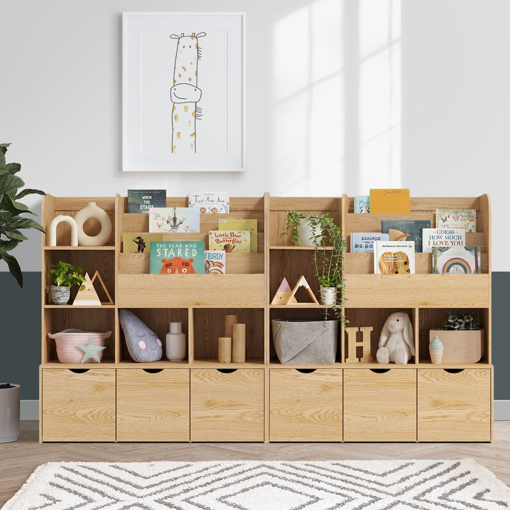 Oikiture Kids Bookcase & Toy Organiser – Natural, 4‑Tier, Bins, 120cm