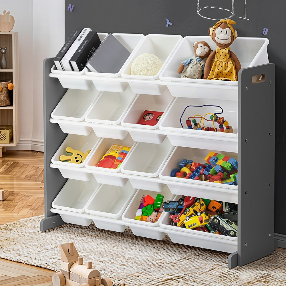 Kids Toy Box Organiser 16 Bins Shelf Removable Drawer Grey