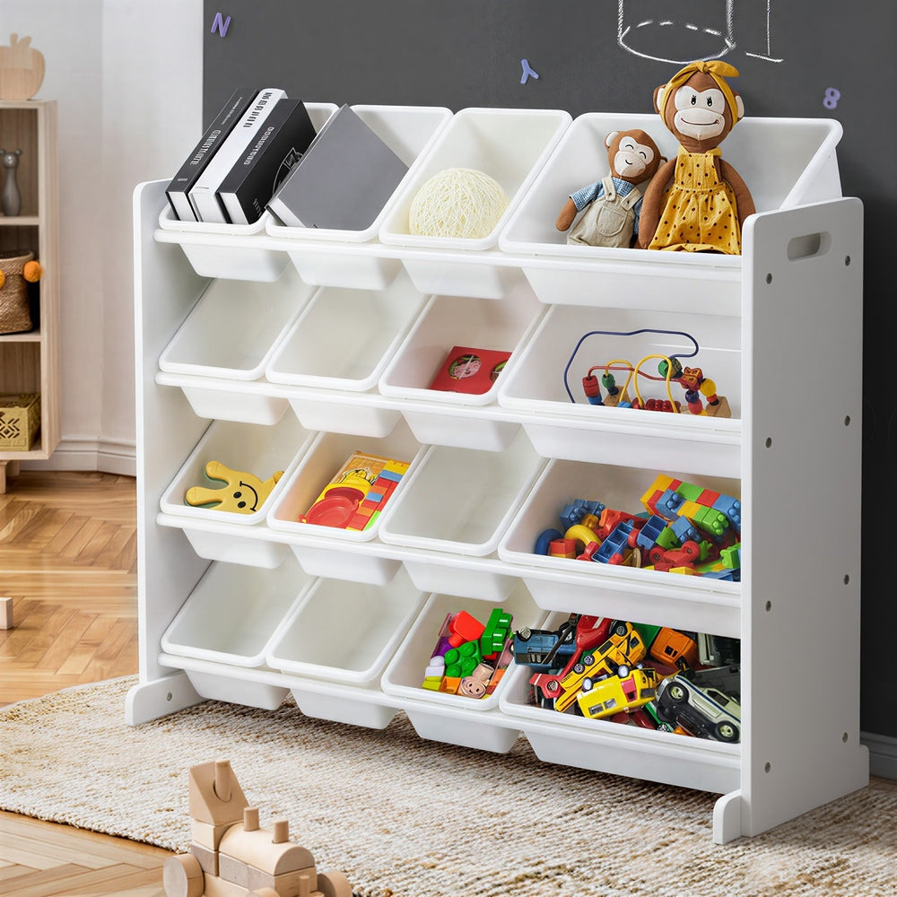 Kids Toy Box Organiser 16 Bins Shelf Removable Drawer White