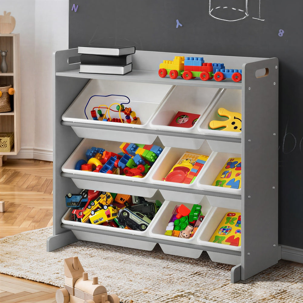 9 Bins Kids Toy Box Bookshelf Storage Organiser Shelf Grey