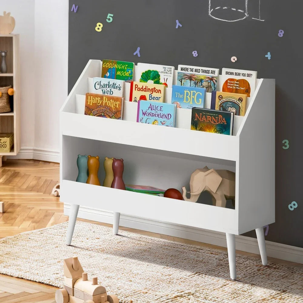 Kids Storage Bookshelf – 3‑Tier with Large Compartment, White