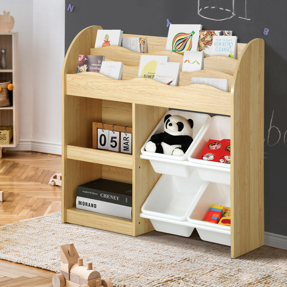 Kids Bookshelf 4 Bins Toy Box Storage Organiser Display Shelf
