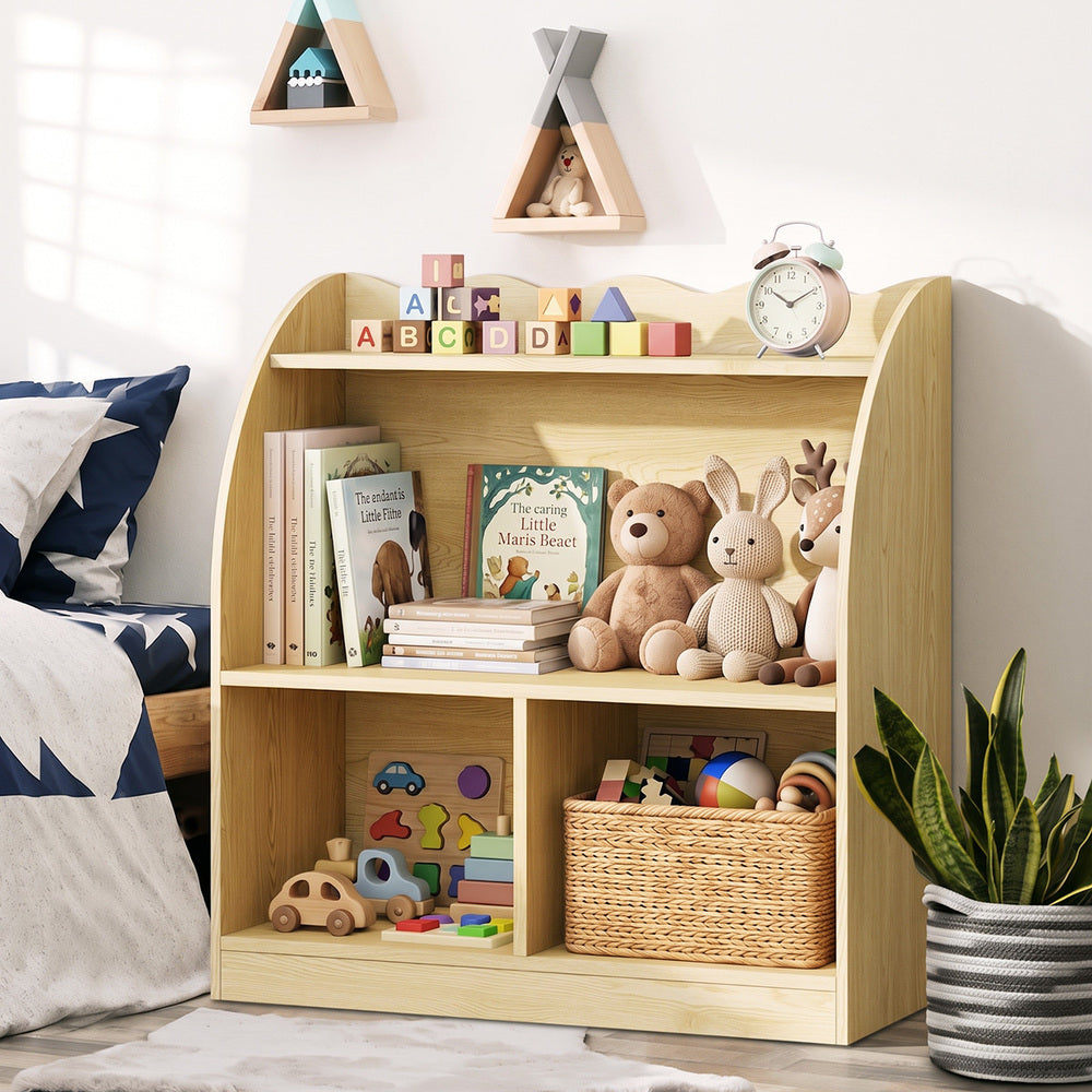 Oikiture Kids Storage Bookshelf Open Shelves Scalloped Edge Natural