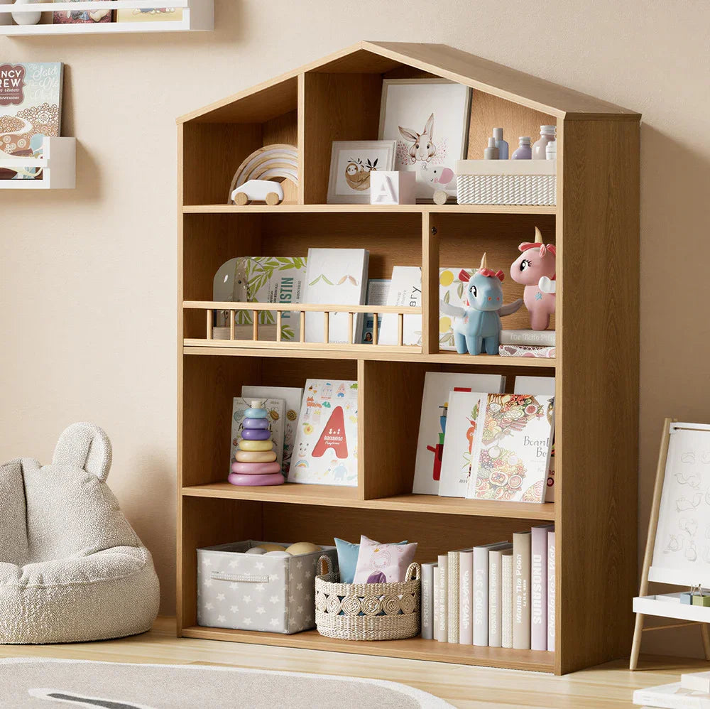 Kids Storage Bookshelf – House Design, 4‑Tier Shelves, Natural