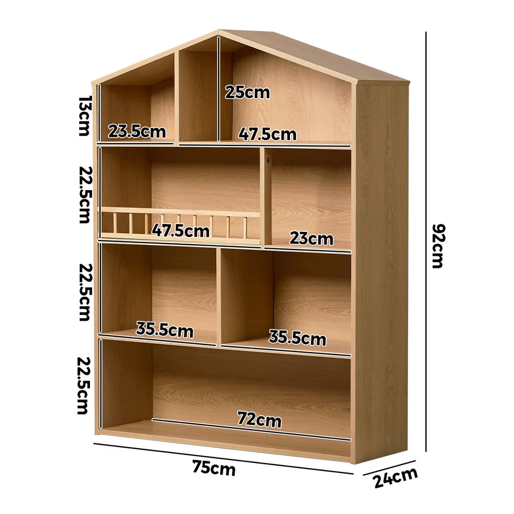 Kids Storage Bookshelf – House Design, 4‑Tier Shelves, Natural