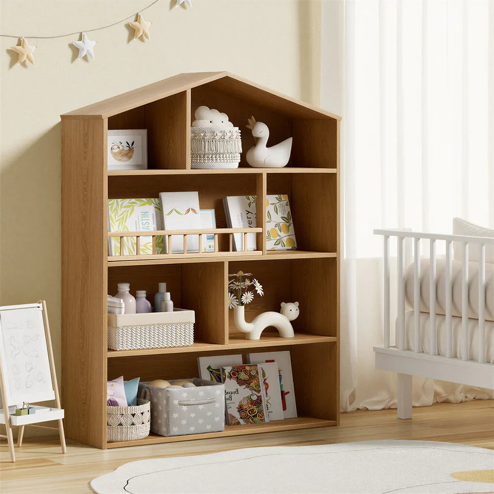 Kids Storage Bookshelf – House Design, 4‑Tier Shelves, Natural