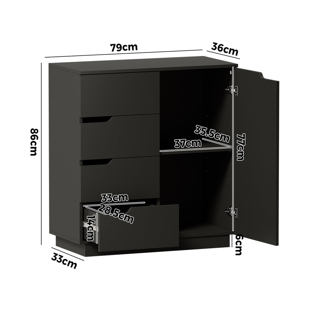 Oikiture Buffet Storage Cabinet – Black, 4 Drawers, 2‑Tier Cupboard, 79cm
