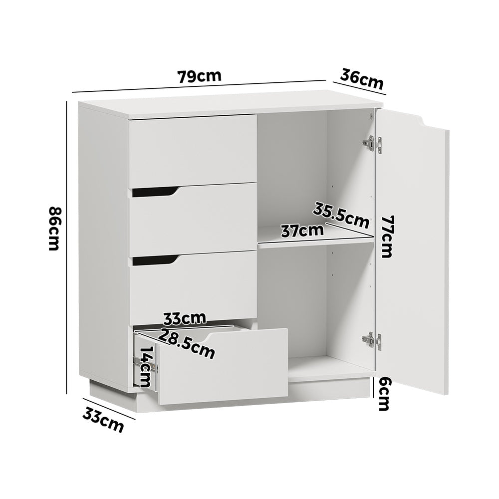 Oikiture Buffet Storage Cabinet – White, 4 Drawers, 2‑Tier Cupboard, 79cm