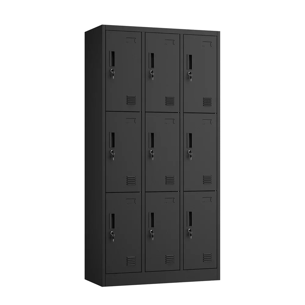 9 Doors Locker Cabinet Steel Cupboard Office School Gym Black