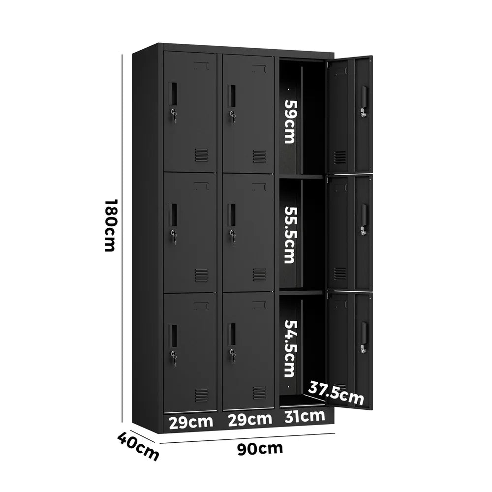 9 Doors Locker Cabinet Steel Cupboard Office School Gym Black