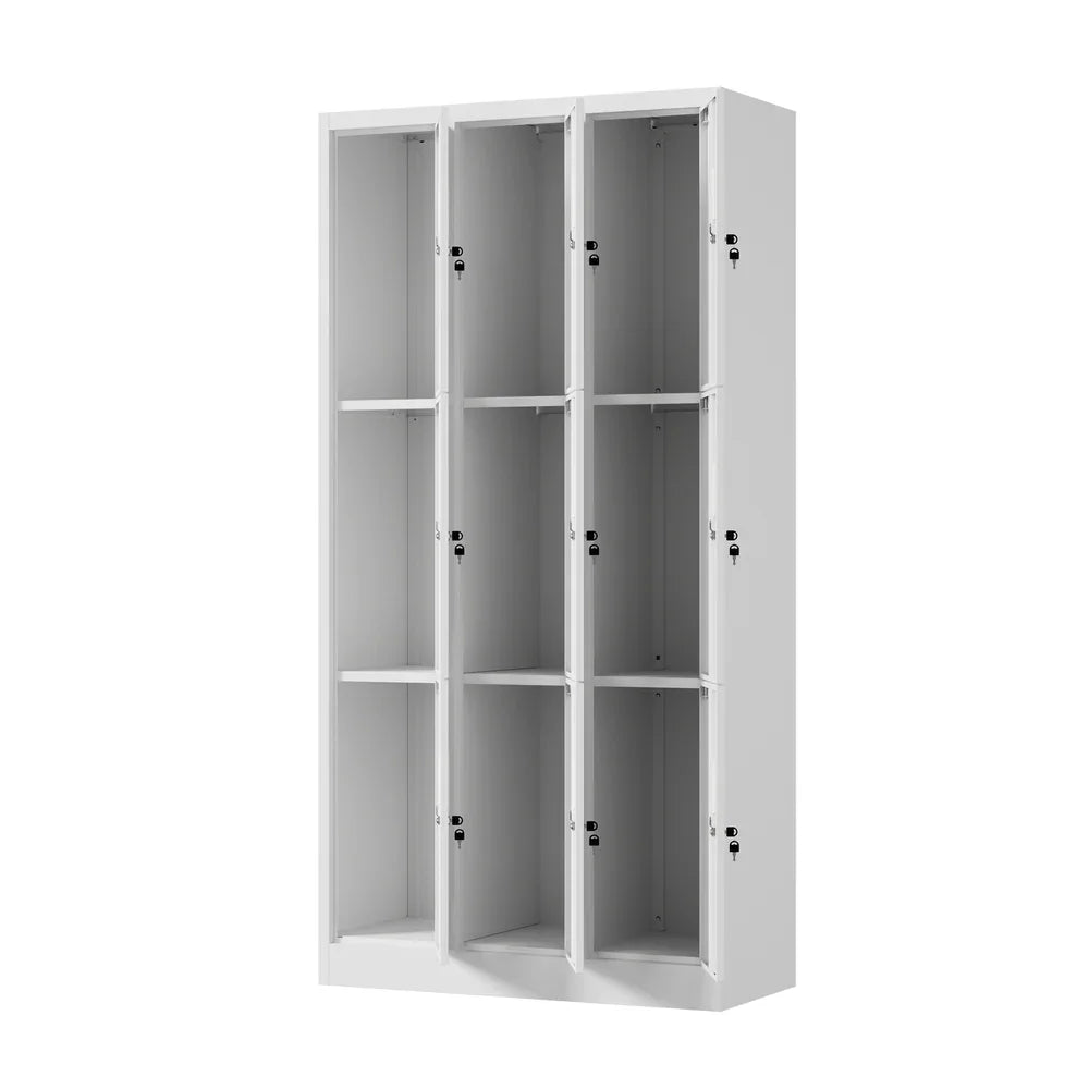 9 Doors Locker Cabinet Steel Cupboard Office School Gym White