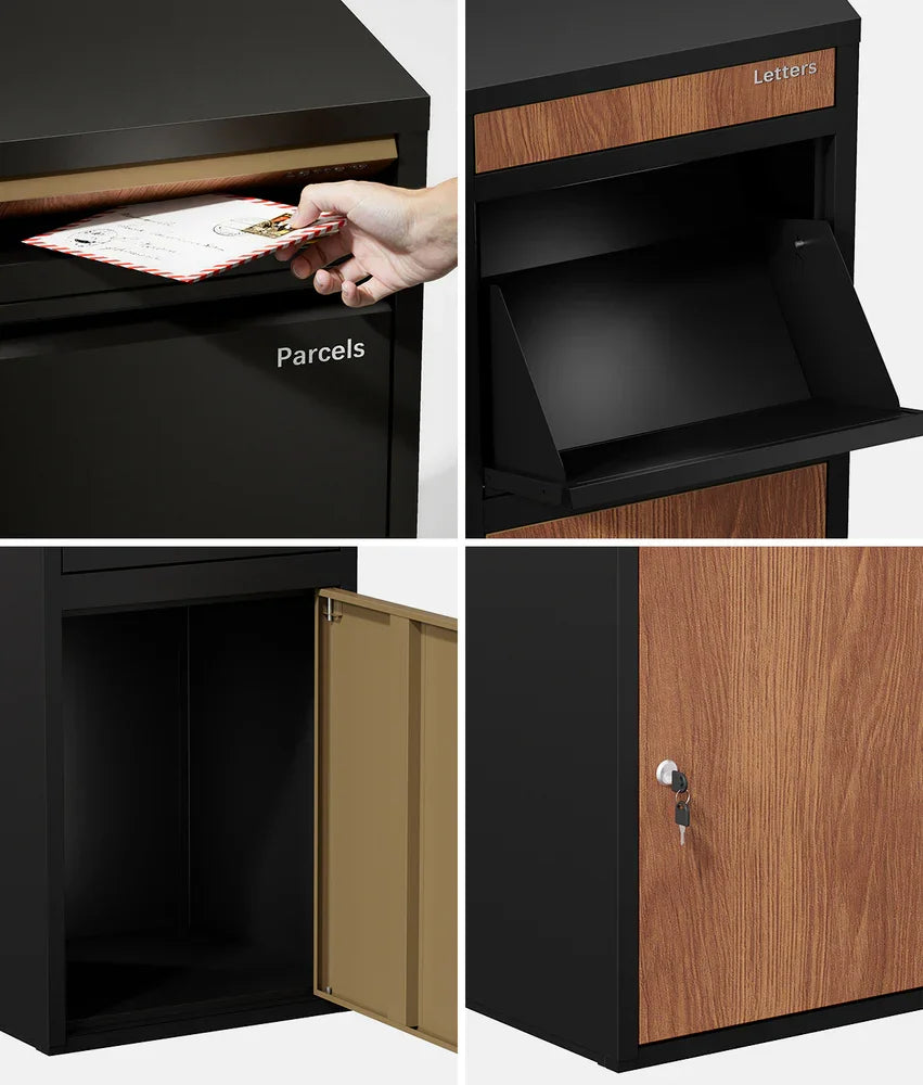 Steel Parcel Letterbox Package Lockable Storage Walnut & Black