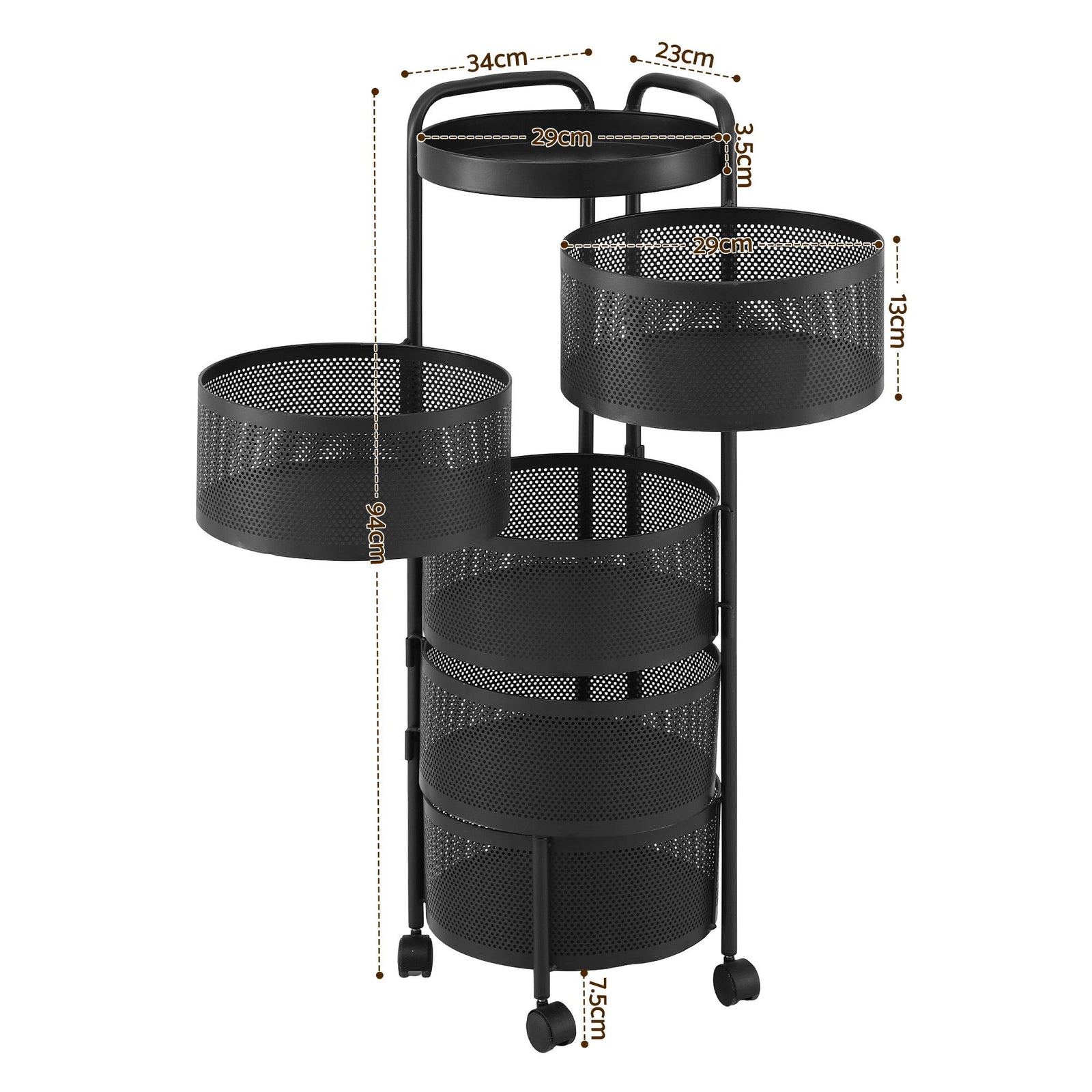 5‑Tier Rotating Storage Trolley – Round Basket Utility Cart, Black