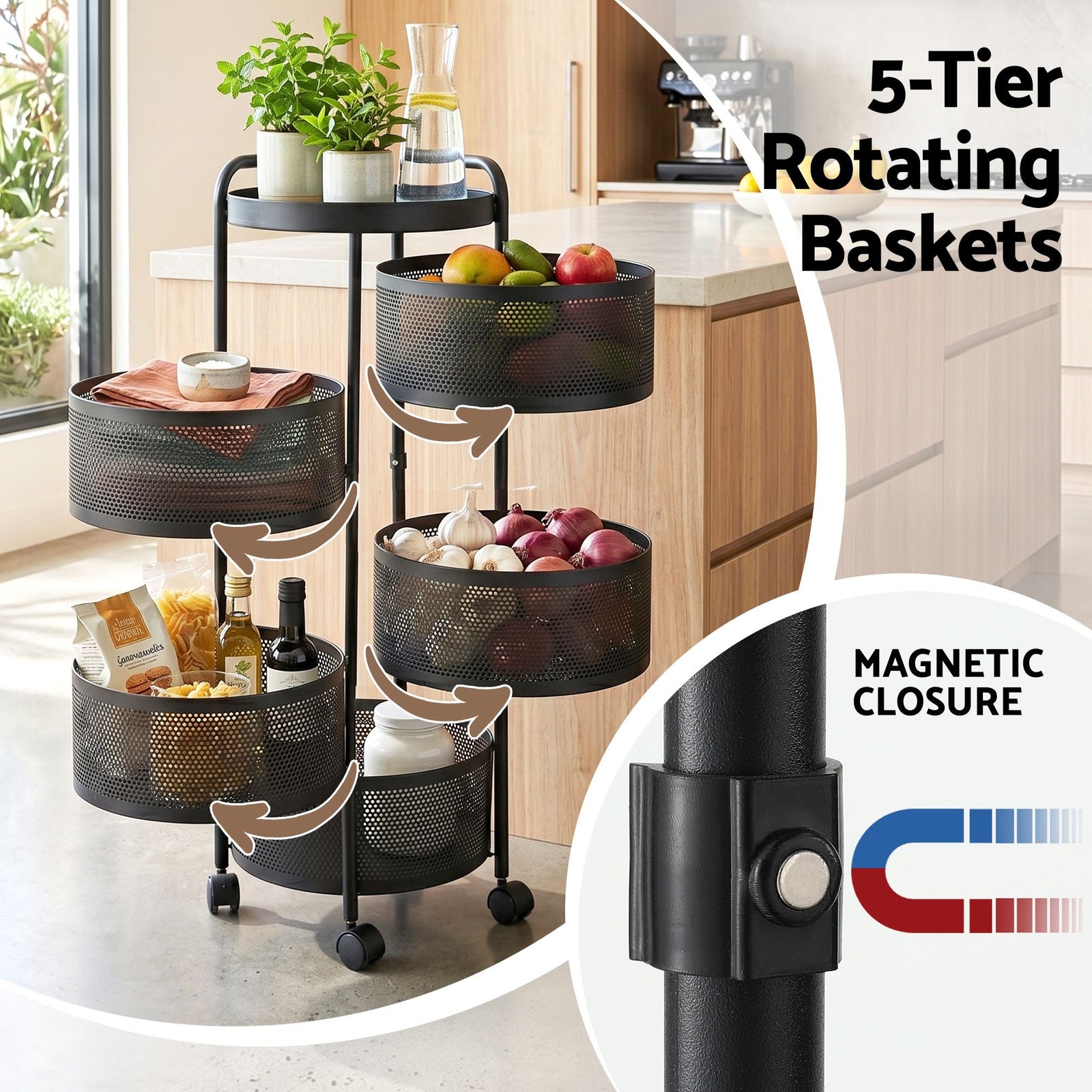 5‑Tier Rotating Storage Trolley – Round Basket Utility Cart, Black