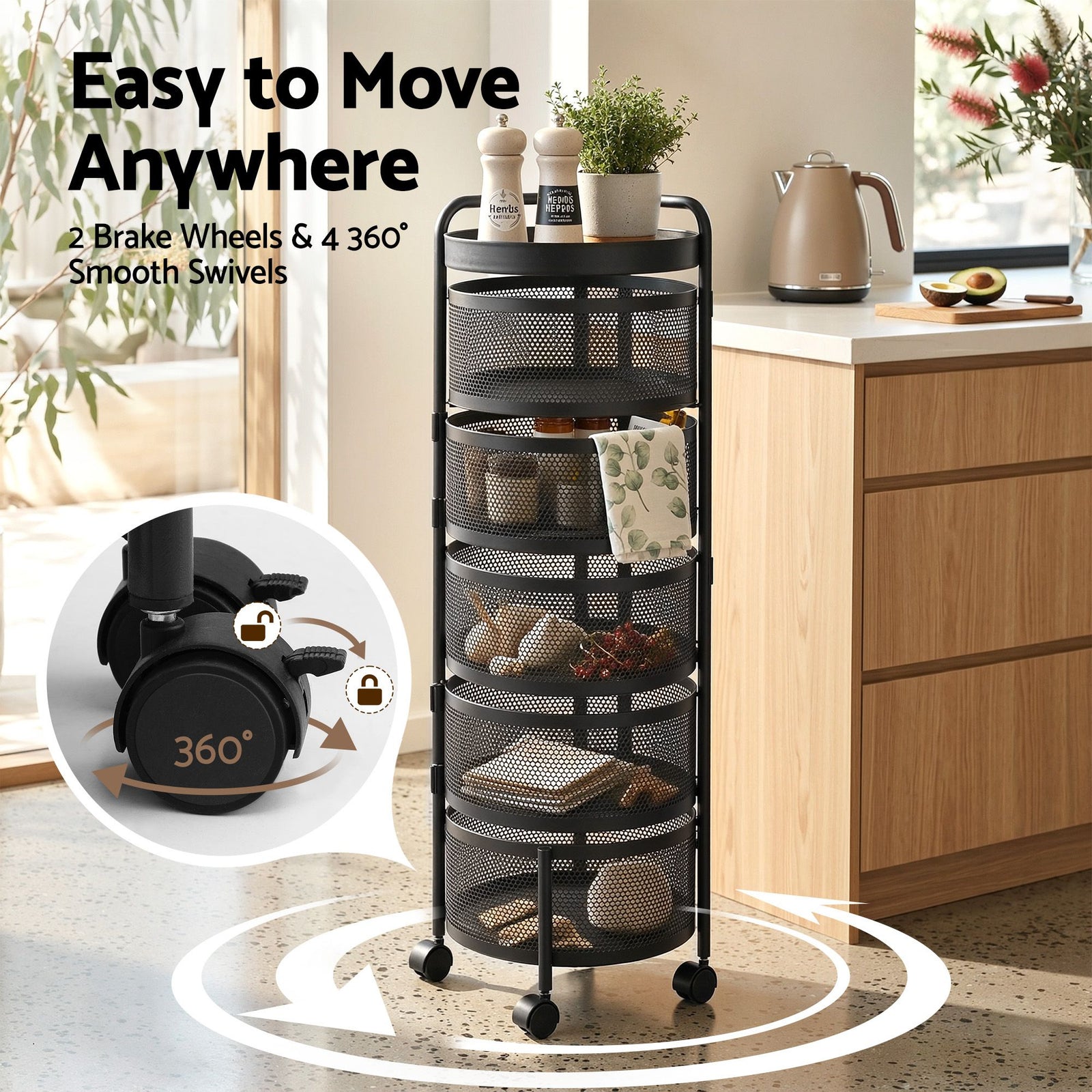 5‑Tier Rotating Storage Trolley – Round Basket Utility Cart, Black