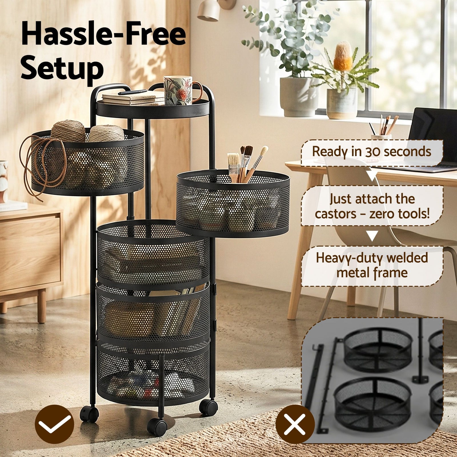 5‑Tier Rotating Storage Trolley – Round Basket Utility Cart, Black
