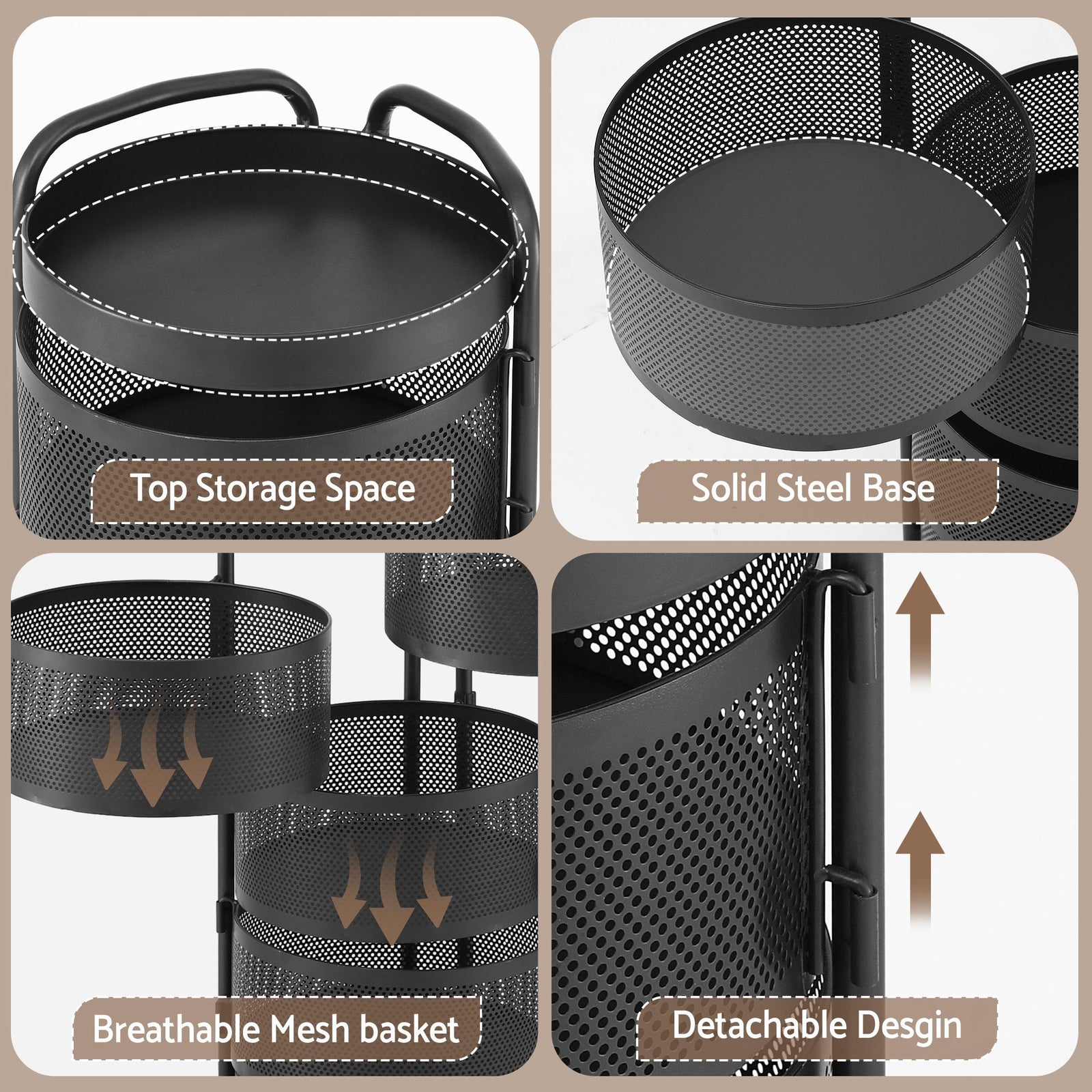 5‑Tier Rotating Storage Trolley – Round Basket Utility Cart, Black