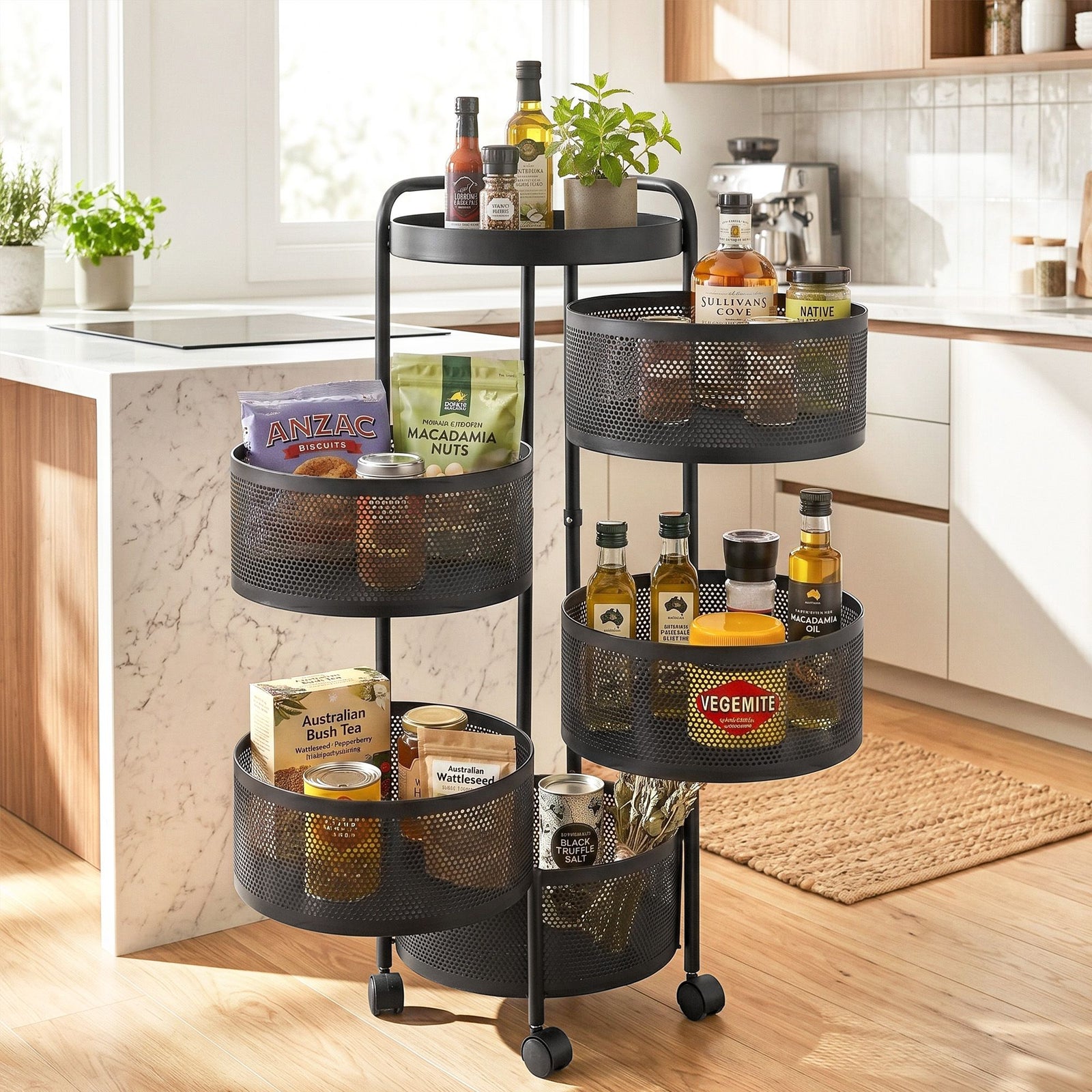 5‑Tier Rotating Storage Trolley – Round Basket Utility Cart, Black