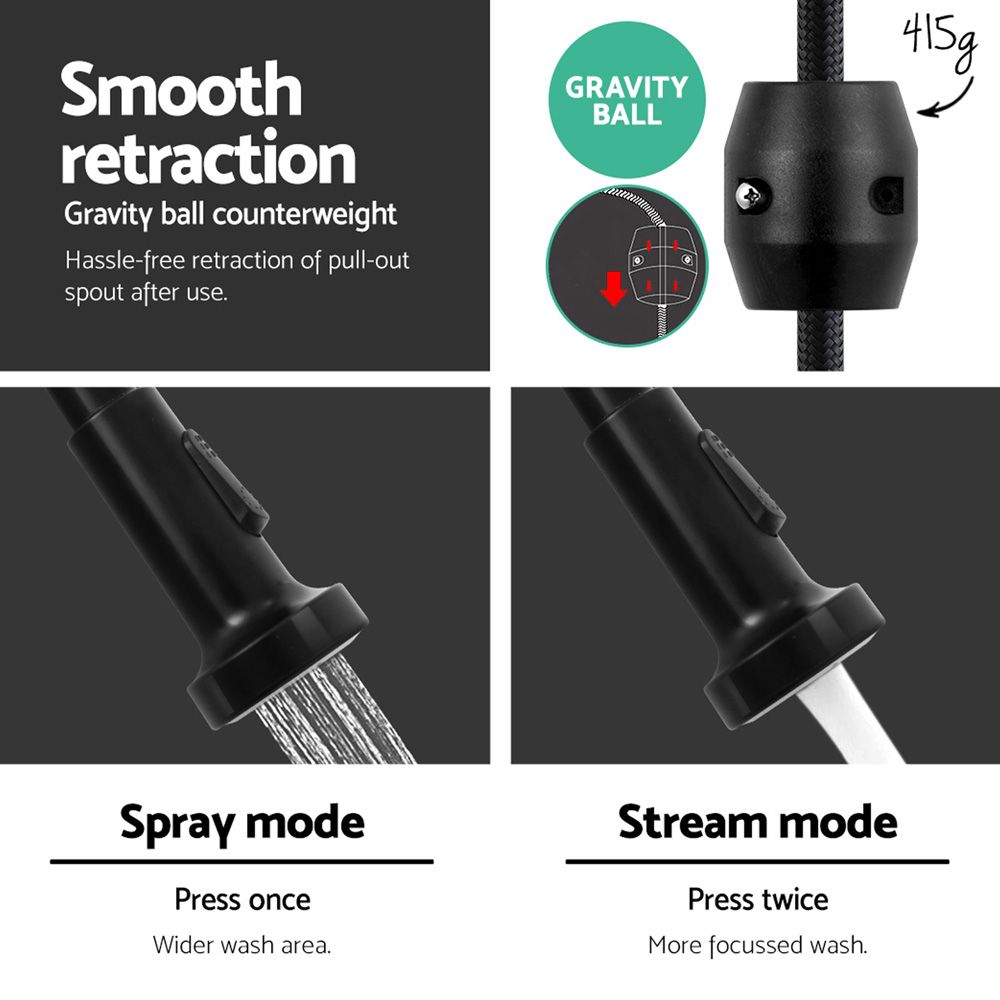Pull Out Kitchen Mixer Tap Black 360° Swivel Gooseneck Faucet
