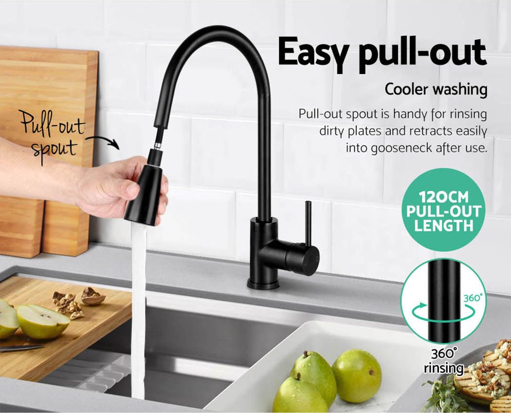 Pull‑Out Gooseneck Kitchen Mixer Tap – Black