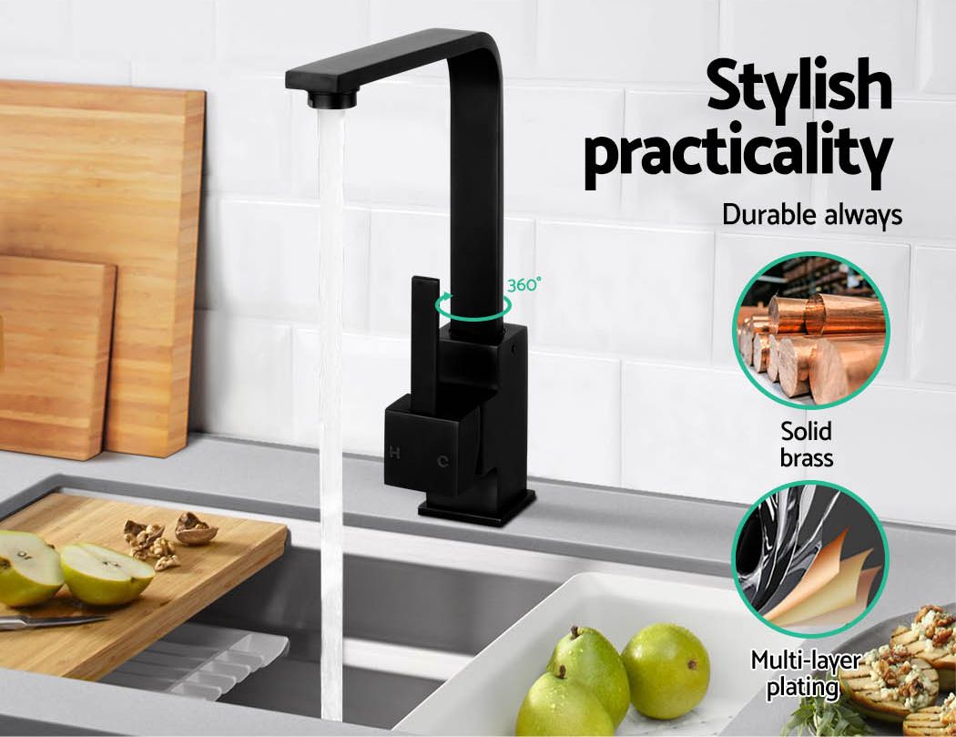 Kitchen Mixer Tap Square Gooseneck Swivel Faucet Matte Black WELS 4 Star