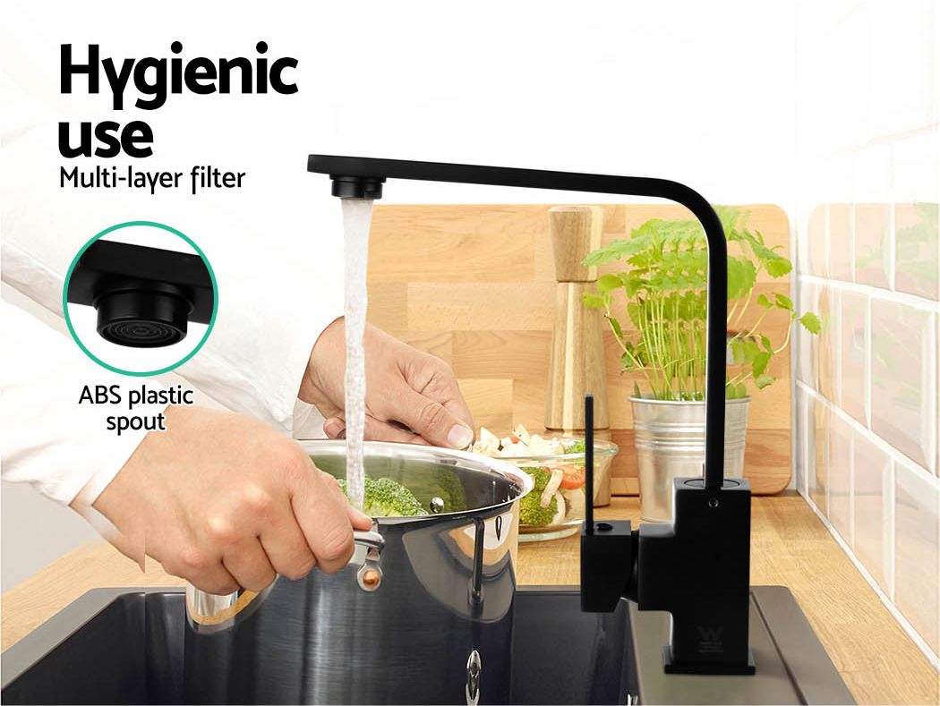 Kitchen Mixer Tap Square Gooseneck Swivel Faucet Matte Black WELS 4 Star