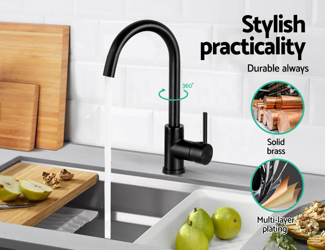 Kitchen Mixer Tap Gooseneck 360° Swivel Brass 4 Star WELS Matte Black