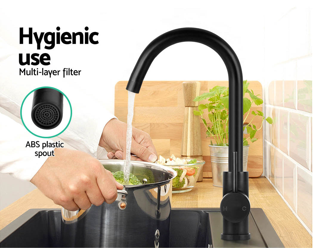 Kitchen Mixer Tap Gooseneck 360° Swivel Brass 4 Star WELS Matte Black