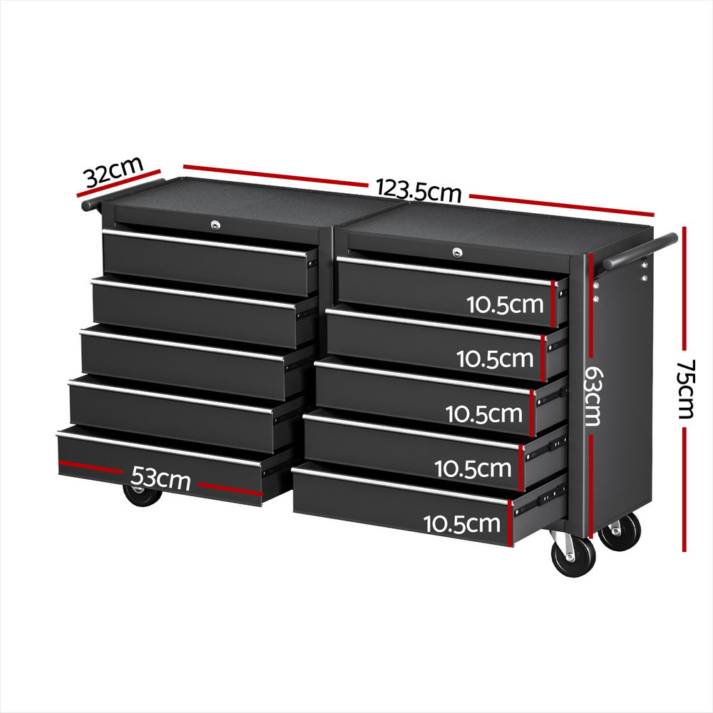 Tool Chest Trolley 10 Drawers Toolbox Storage Black