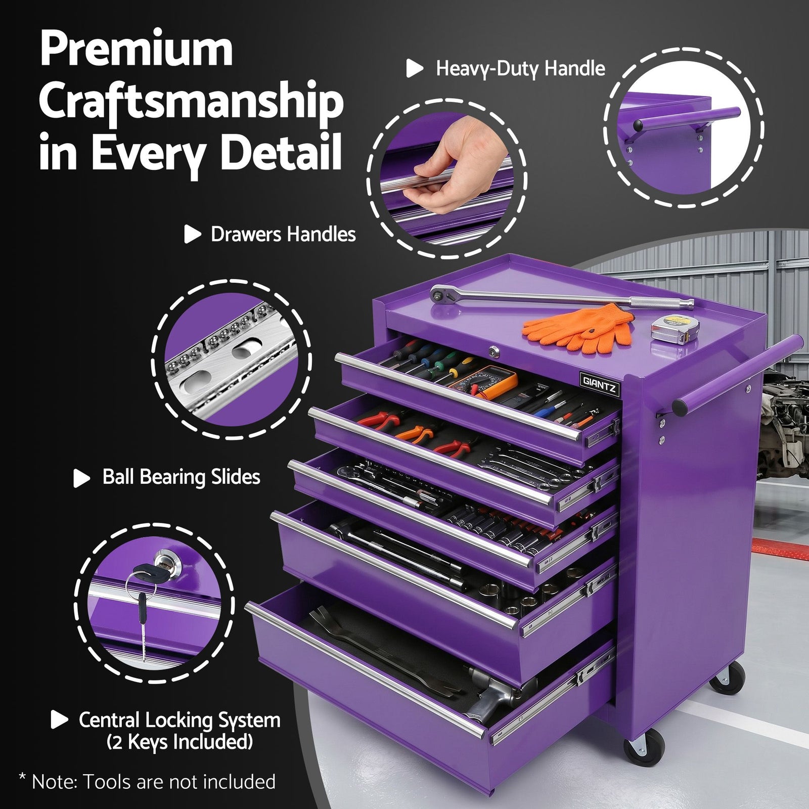 5 Drawer Tool Trolley Steel Storage Cabinet Mobile Workshop Purple
