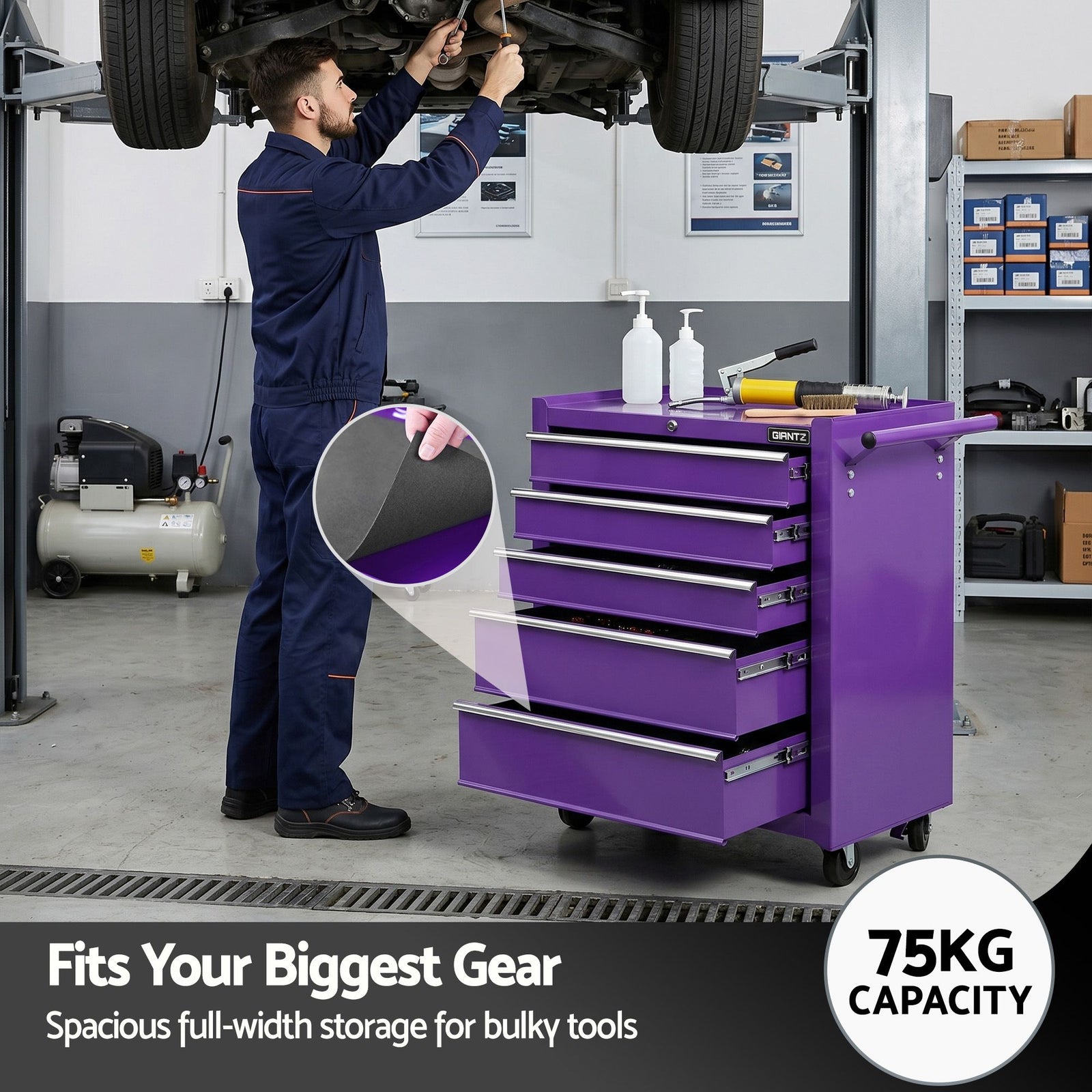 5 Drawer Tool Trolley Steel Storage Cabinet Mobile Workshop Purple