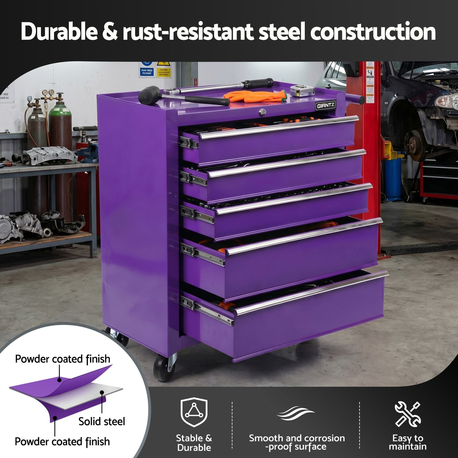 5 Drawer Tool Trolley Steel Storage Cabinet Mobile Workshop Purple