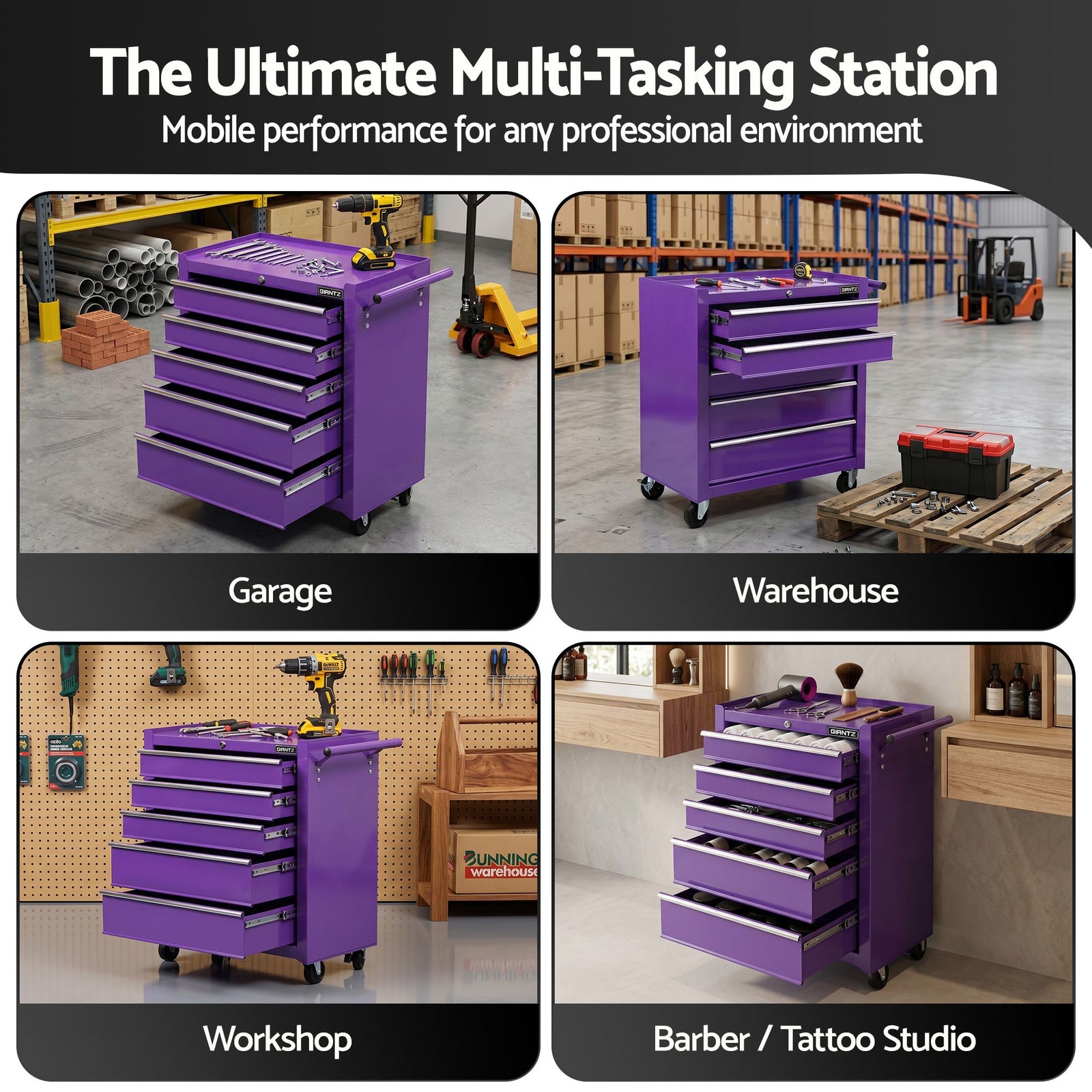5 Drawer Tool Trolley Steel Storage Cabinet Mobile Workshop Purple