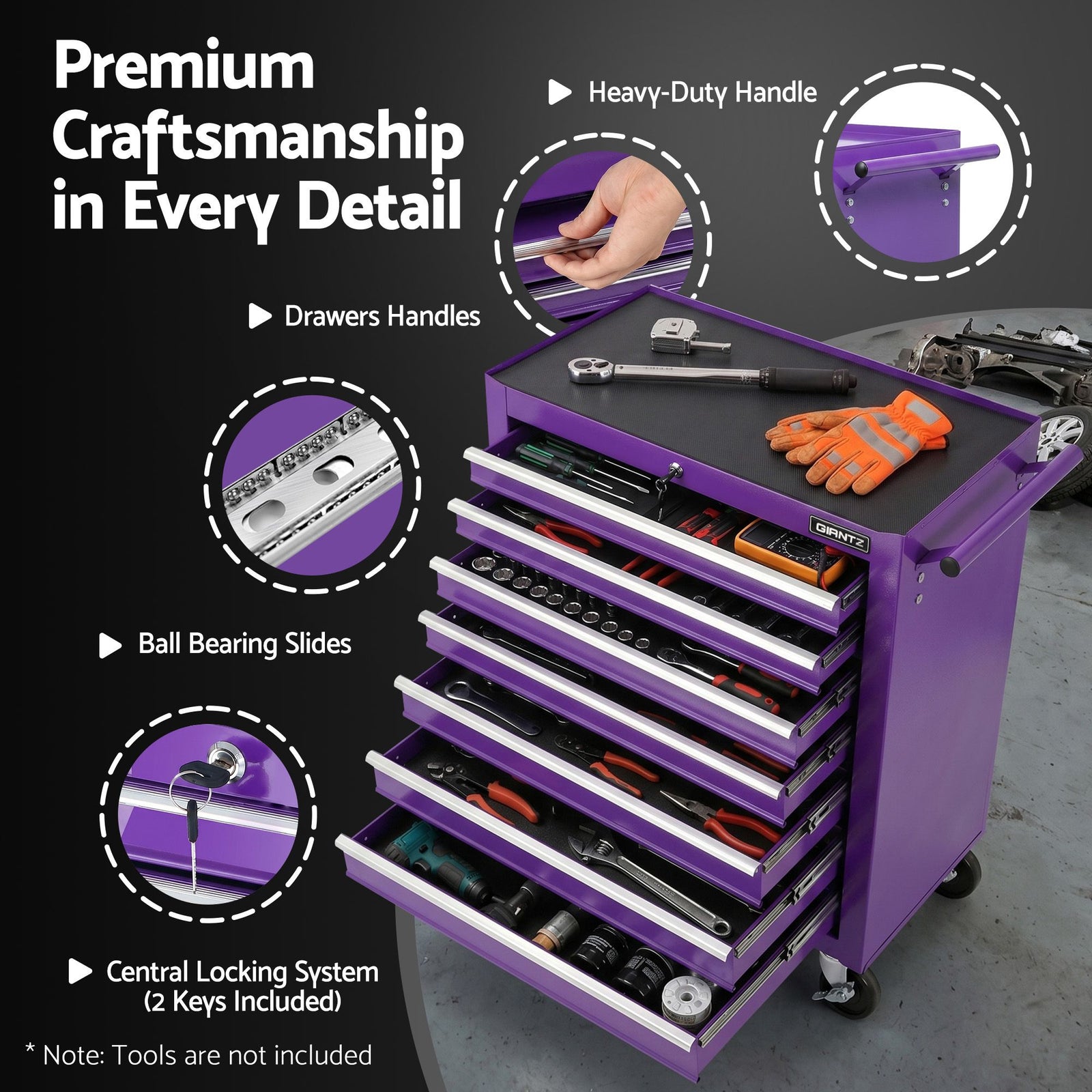 7-Drawer Tool Chest Trolley Cabinet Toolbox Heavy Duty Garage Storage Organiser Purple