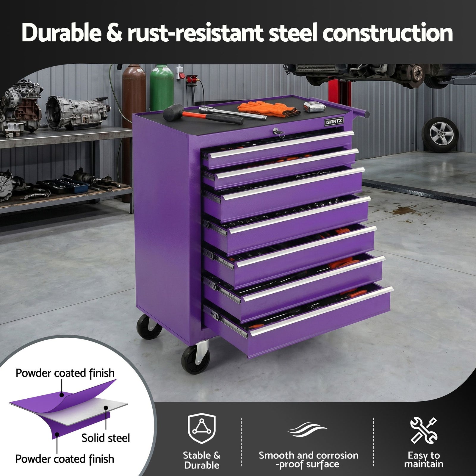 7-Drawer Tool Chest Trolley Cabinet Toolbox Heavy Duty Garage Storage Organiser Purple