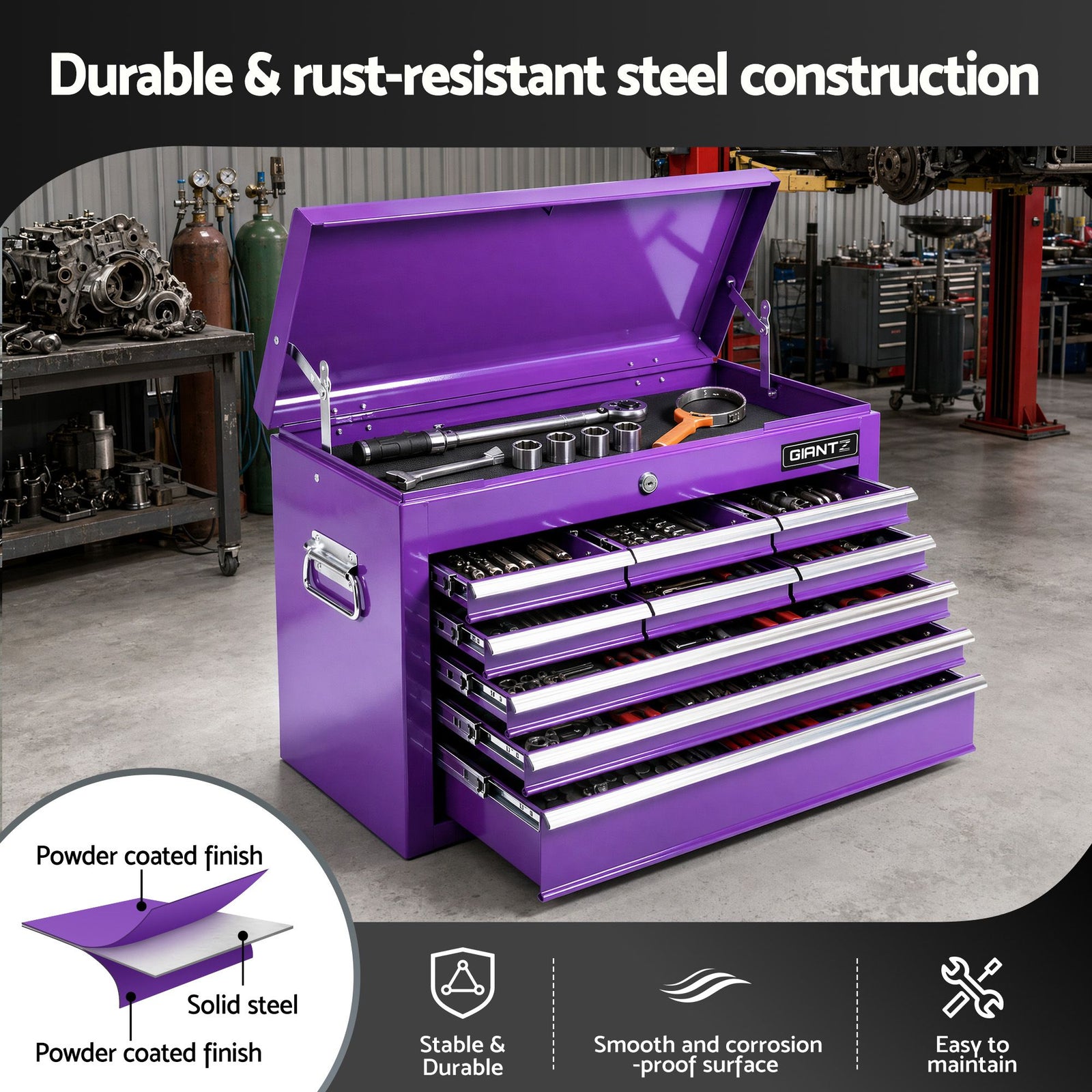 9 Drawer Tool Chest Steel Storage Cabinet Workshop Organizer Purple